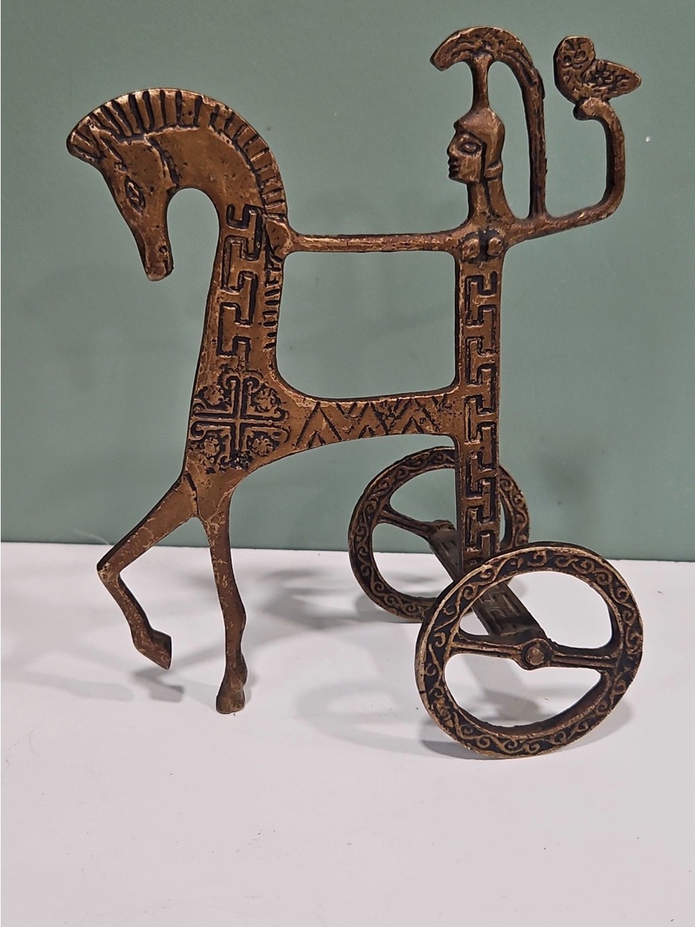 Bronze-Tone Decorative Horse & Chariot Sculpture - brutalist F Weinberg style